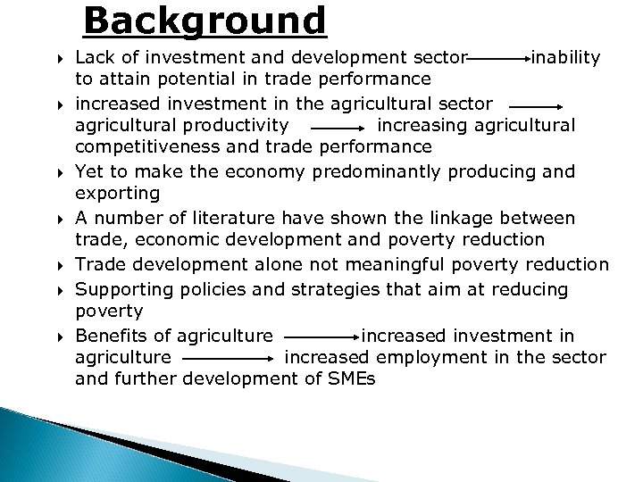 Background Lack of investment and development sector inability to attain potential in trade performance