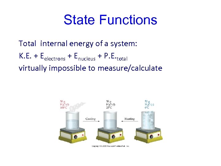 State Functions Total internal energy of a system: K. E. + Eelectrons + Enucleus