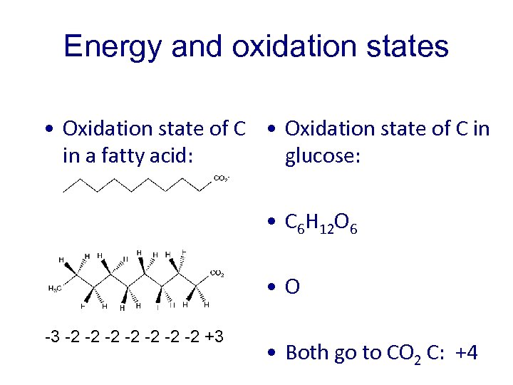 Energy and oxidation states • Oxidation state of C in in a fatty acid: