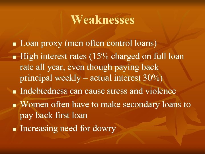 Weaknesses n n n Loan proxy (men often control loans) High interest rates (15%