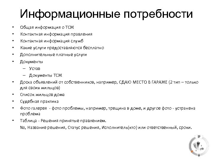 Информационные потребности • • • Общая информация о ТСЖ Контактная информация правления Контактная информация