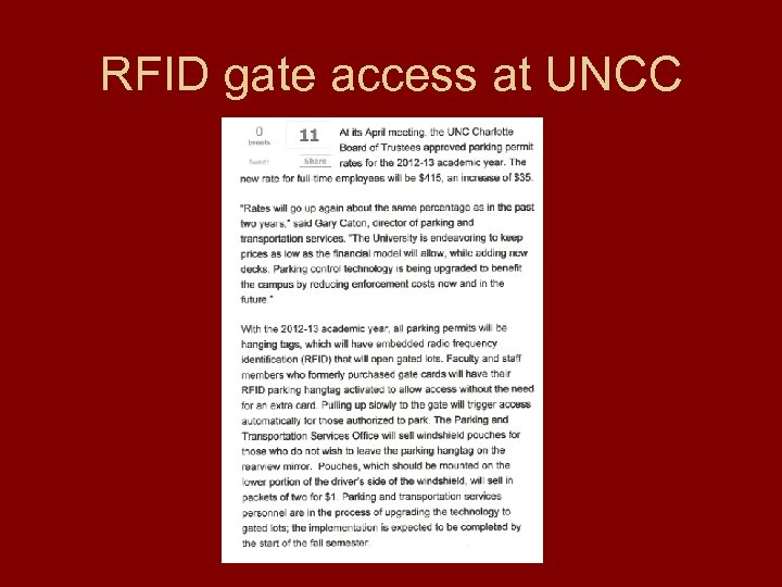 RFID gate access at UNCC 