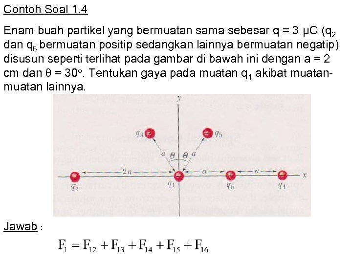 Contoh Soal 1. 4 Enam buah partikel yang bermuatan sama sebesar q = 3