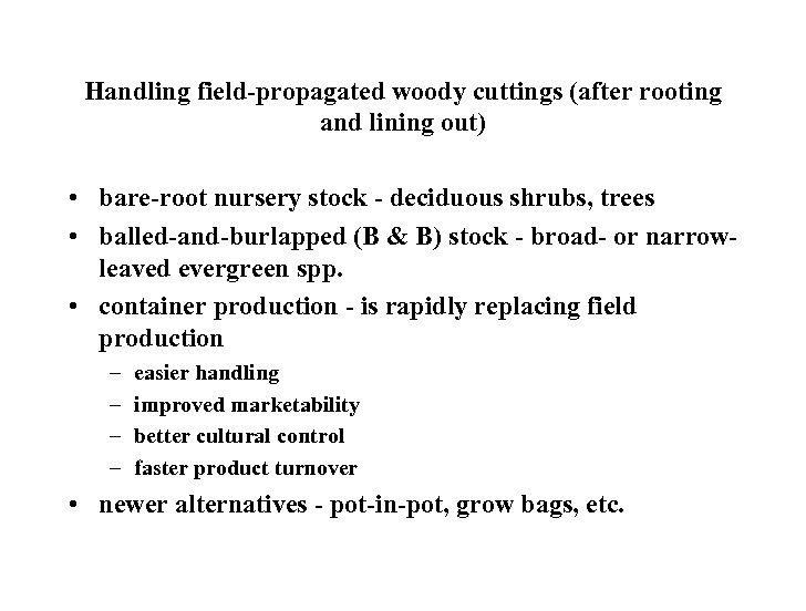 Handling field-propagated woody cuttings (after rooting and lining out) • bare-root nursery stock -