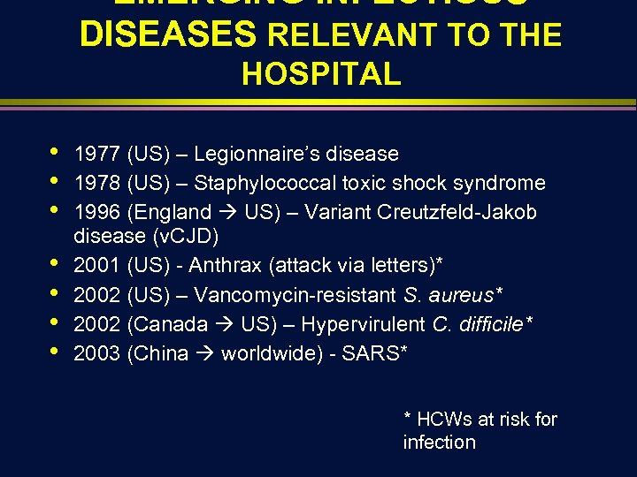 EMERGING INFECTIOUS DISEASES RELEVANT TO THE HOSPITAL • • 1977 (US) – Legionnaire’s disease