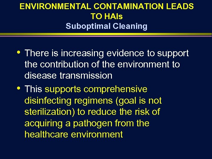 ENVIRONMENTAL CONTAMINATION LEADS TO HAIs Suboptimal Cleaning • • There is increasing evidence to