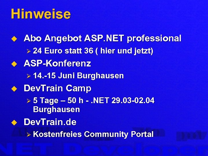 Hinweise u Abo Angebot ASP. NET professional Ø 24 u Euro statt 36 (