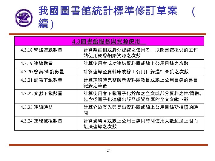 我國圖書館統計標準修訂草案 續) ( 4. 3圖書館服務與資源使用 4. 3. 18 網路連線數量 計算經註冊或身分認證之使用者，以圖書館提供的 作 站使用網際網路資源之次數 4. 3.