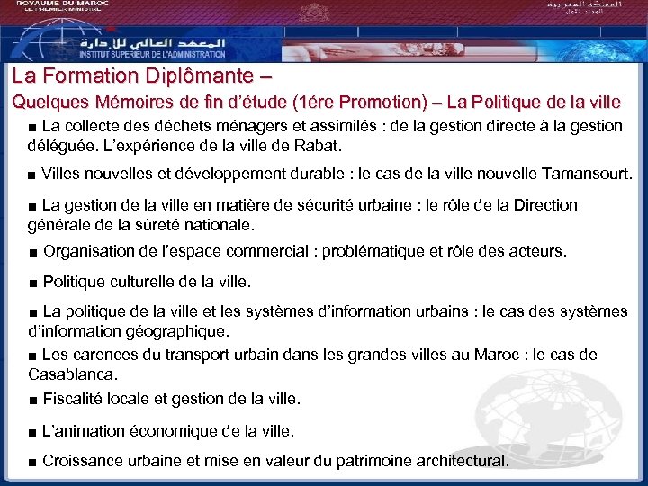La Formation Diplômante – Quelques Mémoires de fin d’étude (1ére Promotion) – La Politique