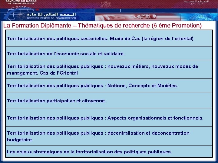 La Formation Diplômante – Thématiques de recherche (6 éme Promotion) Territorialisation des politiques sectorielles.