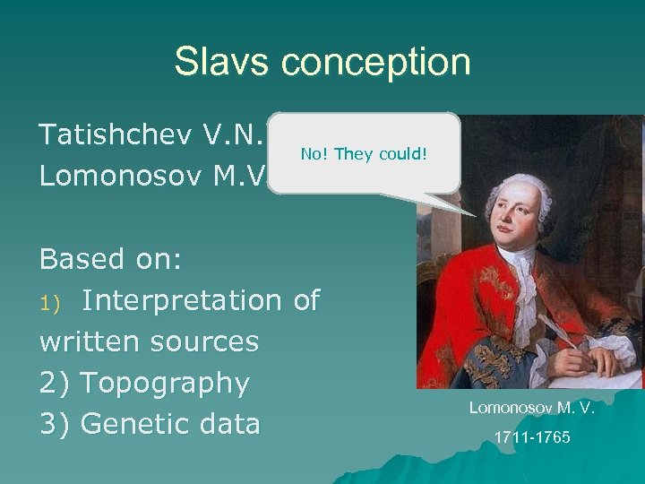 Slavs conception Tatishchev V. N. Lomonosov M. V. No! They could! Based on: 1)