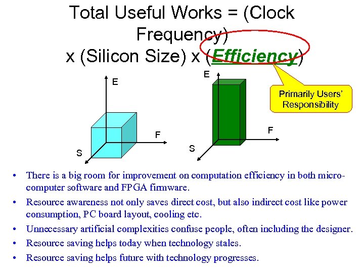 Total Useful Works = (Clock Frequency) x (Silicon Size) x (Efficiency) E E Primarily