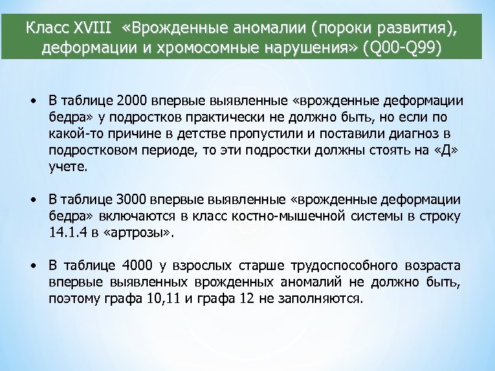 Класс XVIII «Врожденные аномалии (пороки развития), деформации и хромосомные нарушения» (Q 00 -Q 99)