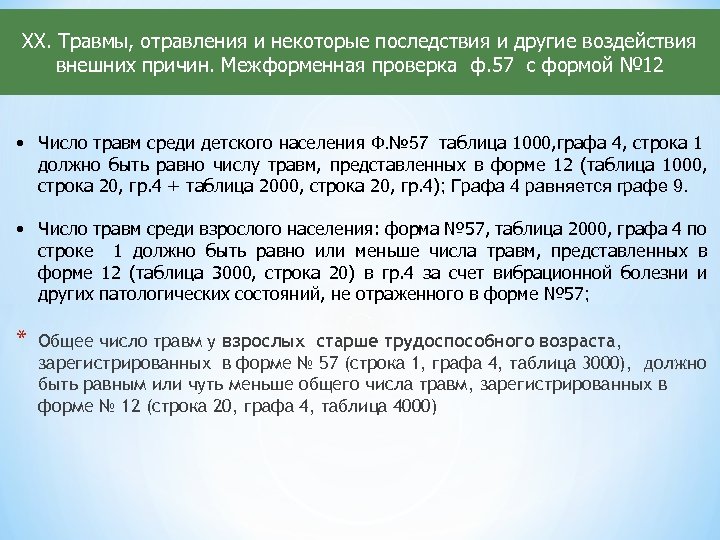 XX. Травмы, отравления и некоторые последствия и другие воздействия внешних причин. Межформенная проверка ф.