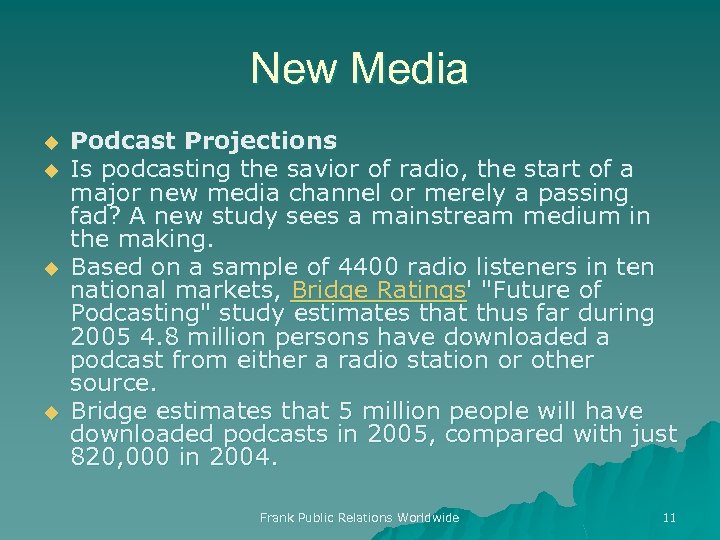 New Media u u Podcast Projections Is podcasting the savior of radio, the start