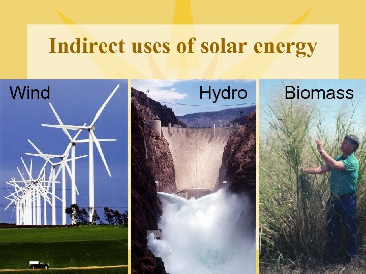 Indirect uses of solar energy Wind Hydro Biomass 