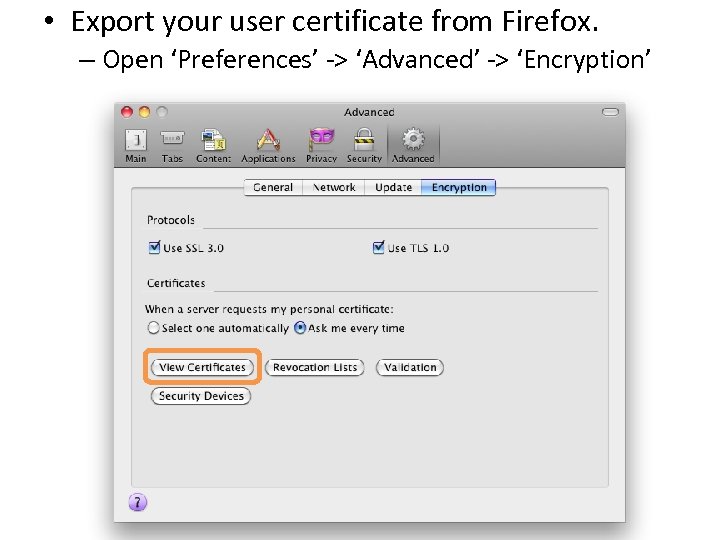  • Export your user certificate from Firefox. – Open ‘Preferences’ -> ‘Advanced’ ->