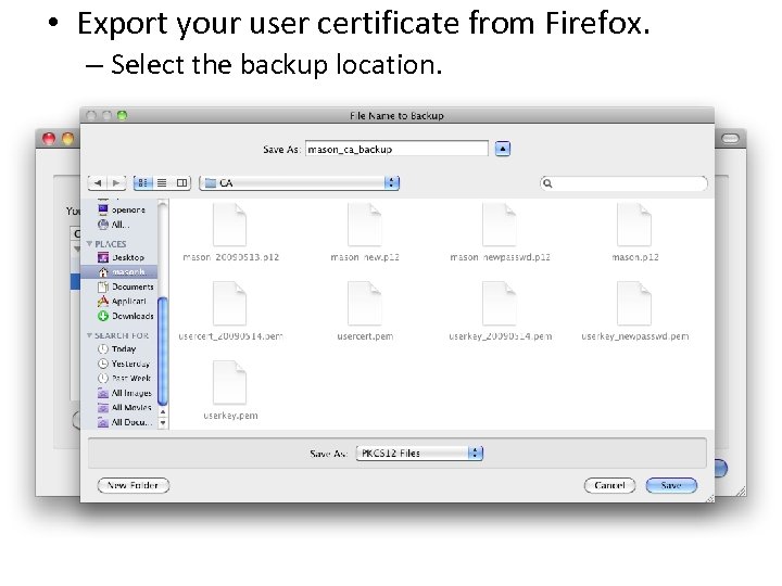  • Export your user certificate from Firefox. – Select the backup location. 
