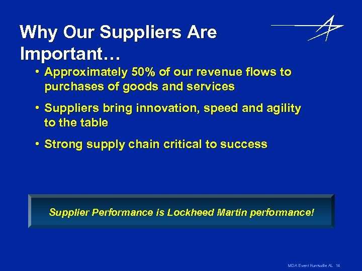 Why Our Suppliers Are Important… • Approximately 50% of our revenue flows to purchases