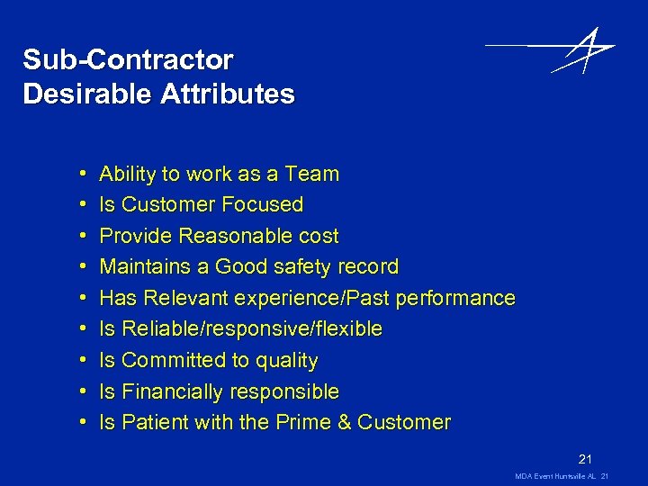 Sub-Contractor Desirable Attributes • • • Ability to work as a Team Is Customer