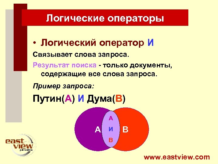 Логические операторы • Логический оператор И Связывает слова запроса. Результат поиска - только документы,