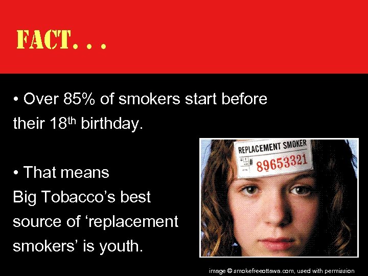 FACt. . . • Over 85% of smokers start before their 18 th birthday.