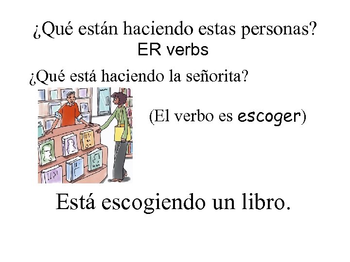 ¿Qué están haciendo estas personas? ER verbs ¿Qué está haciendo la señorita? (El verbo