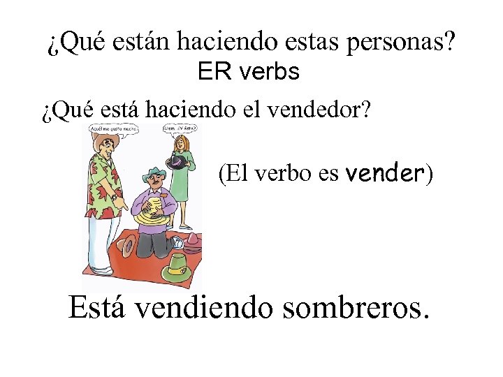 ¿Qué están haciendo estas personas? ER verbs ¿Qué está haciendo el vendedor? (El verbo