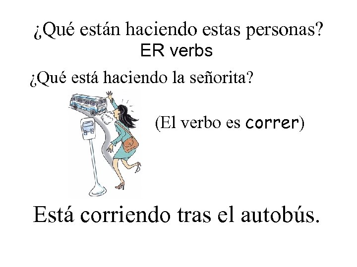 ¿Qué están haciendo estas personas? ER verbs ¿Qué está haciendo la señorita? (El verbo