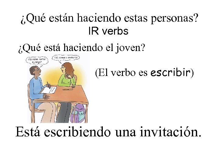 ¿Qué están haciendo estas personas? IR verbs ¿Qué está haciendo el joven? (El verbo