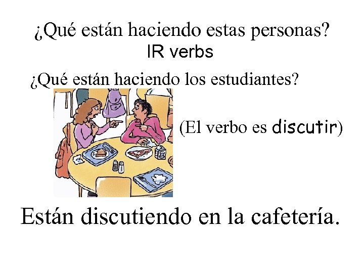 ¿Qué están haciendo estas personas? IR verbs ¿Qué están haciendo los estudiantes? (El verbo