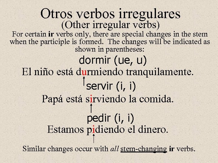 Otros verbos irregulares (Other irregular verbs) For certain ir verbs only, there are special