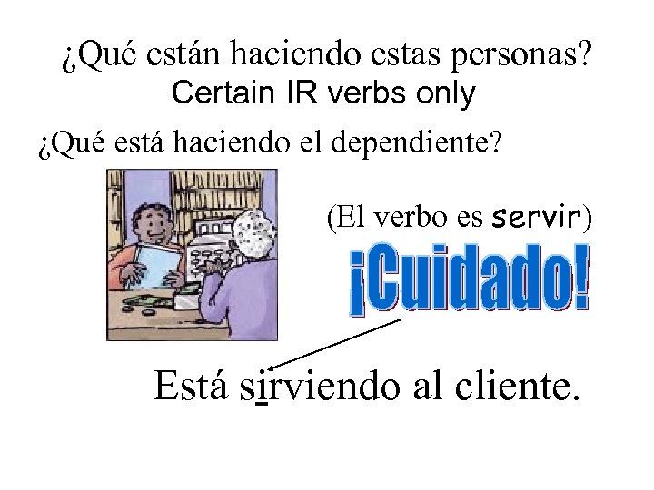 ¿Qué están haciendo estas personas? Certain IR verbs only ¿Qué está haciendo el dependiente?