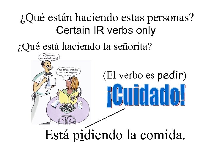 ¿Qué están haciendo estas personas? Certain IR verbs only ¿Qué está haciendo la señorita?