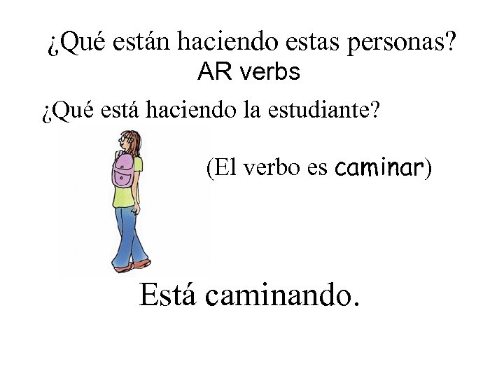 ¿Qué están haciendo estas personas? AR verbs ¿Qué está haciendo la estudiante? (El verbo