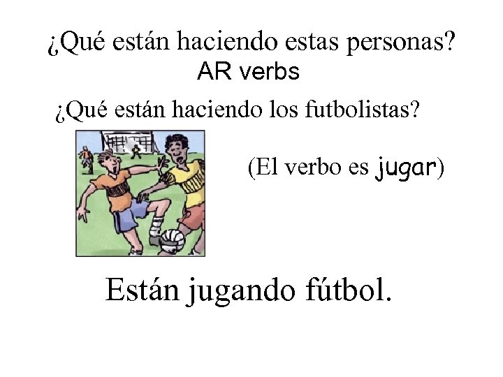 ¿Qué están haciendo estas personas? AR verbs ¿Qué están haciendo los futbolistas? (El verbo