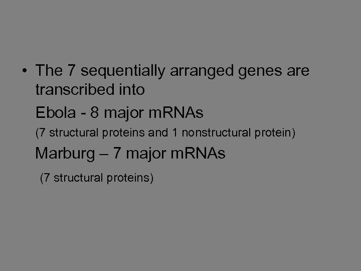 • The 7 sequentially arranged genes are transcribed into Ebola - 8 major
