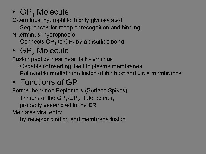  • GP 1 Molecule C-terminus: hydrophilic, highly glycosylated Sequences for receptor recognition and