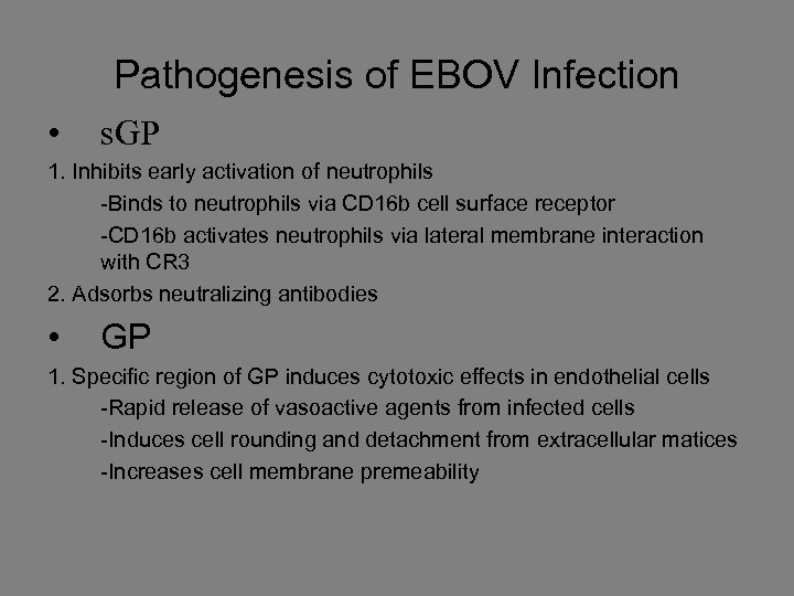Pathogenesis of EBOV Infection • s. GP 1. Inhibits early activation of neutrophils -Binds