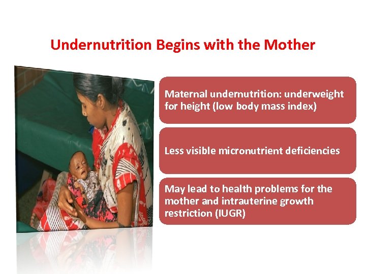 Undernutrition Begins with the Mother Maternal undernutrition: underweight for height (low body mass index)