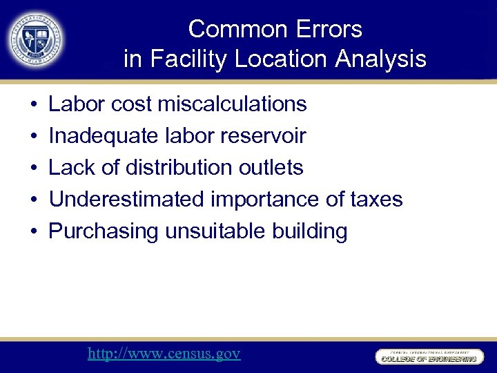 Common Errors in Facility Location Analysis • • • Labor cost miscalculations Inadequate labor