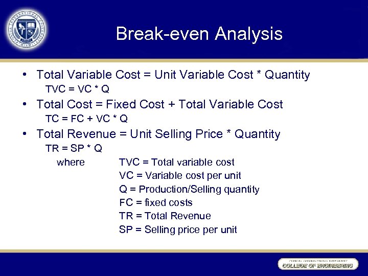 Break-even Analysis • Total Variable Cost = Unit Variable Cost * Quantity TVC =