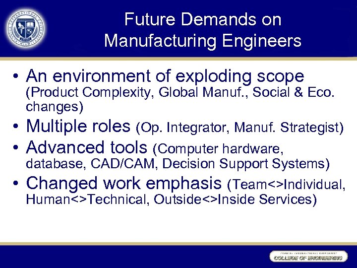 Future Demands on Manufacturing Engineers • An environment of exploding scope (Product Complexity, Global