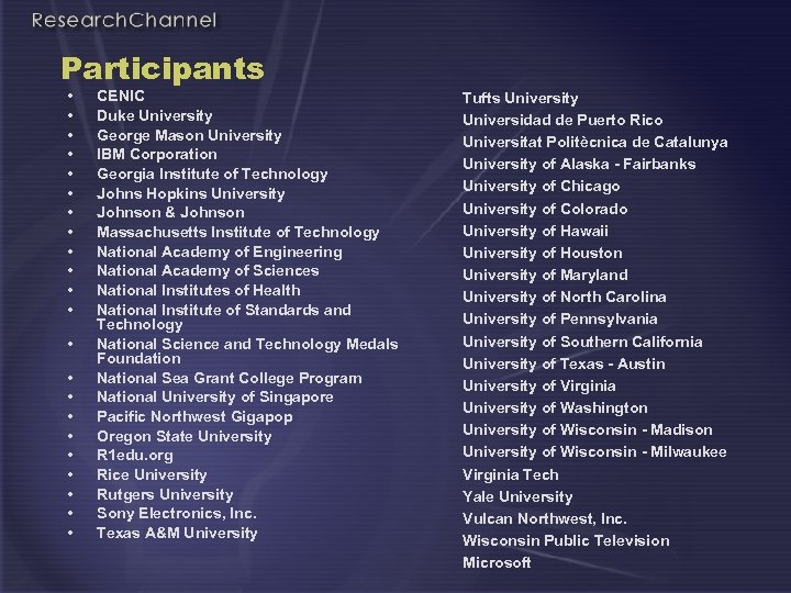 Participants • • • • • • CENIC Duke University George Mason University IBM