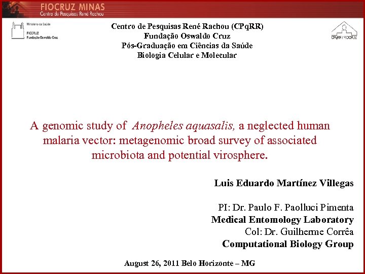 Centro de Pesquisas René Rachou (CPq. RR) Fundação Oswaldo Cruz Pós-Graduação em Ciências da