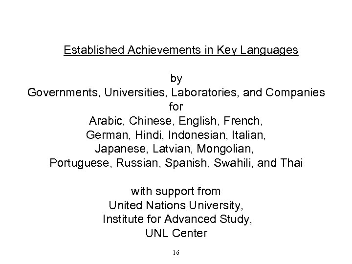 Established Achievements in Key Languages by Governments, Universities, Laboratories, and Companies for Arabic, Chinese,