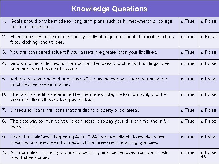 Knowledge Questions 1. Goals should only be made for long-term plans such as homeownership,