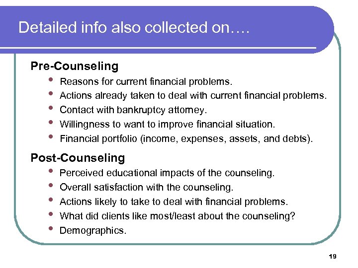 Detailed info also collected on…. Pre-Counseling • • • Reasons for current financial problems.