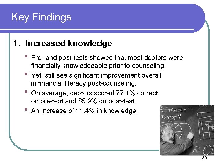 Key Findings 1. Increased knowledge • • Pre- and post-tests showed that most debtors