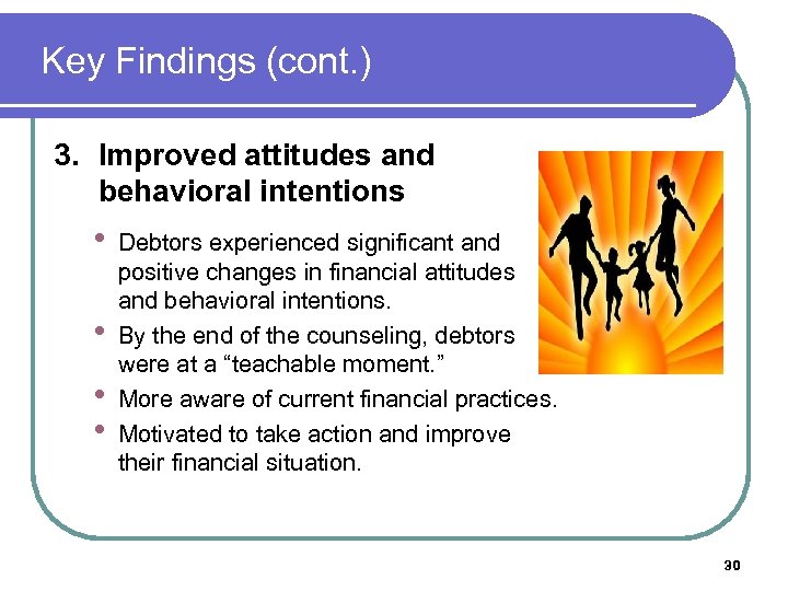 Key Findings (cont. ) 3. Improved attitudes and behavioral intentions • • Debtors experienced